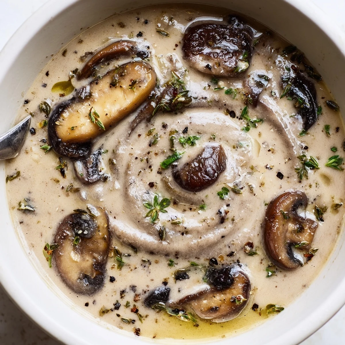 Silky Mushroom Soup ladled from a pot, aromatic thyme and garlic notes