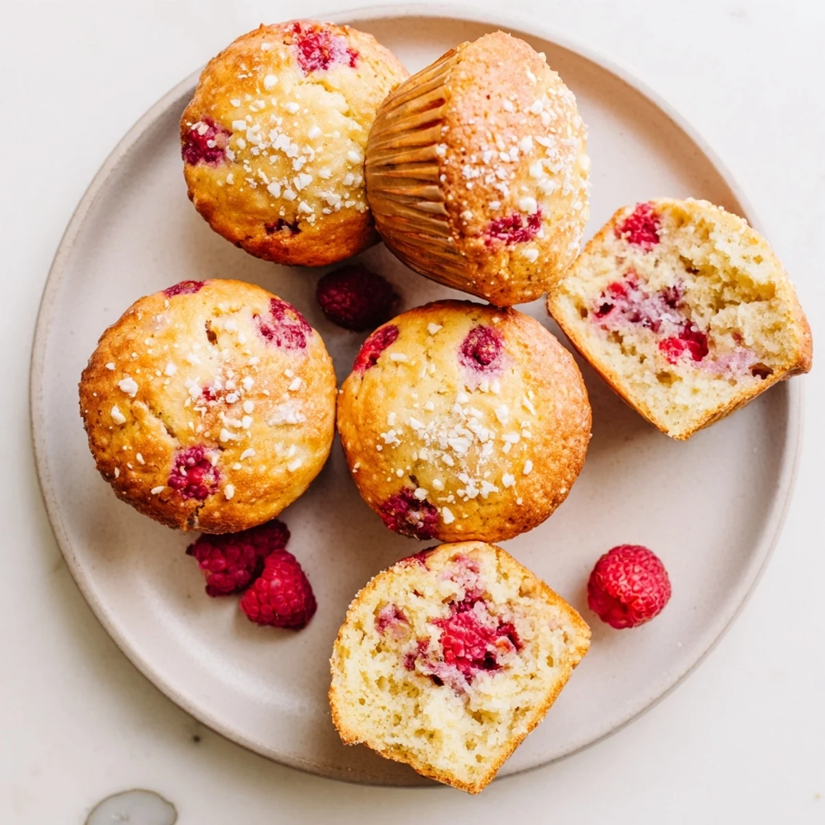 Fresh baked raspberry lemon ricotta muffins bursting with juicy red berries and bright citrus flavor