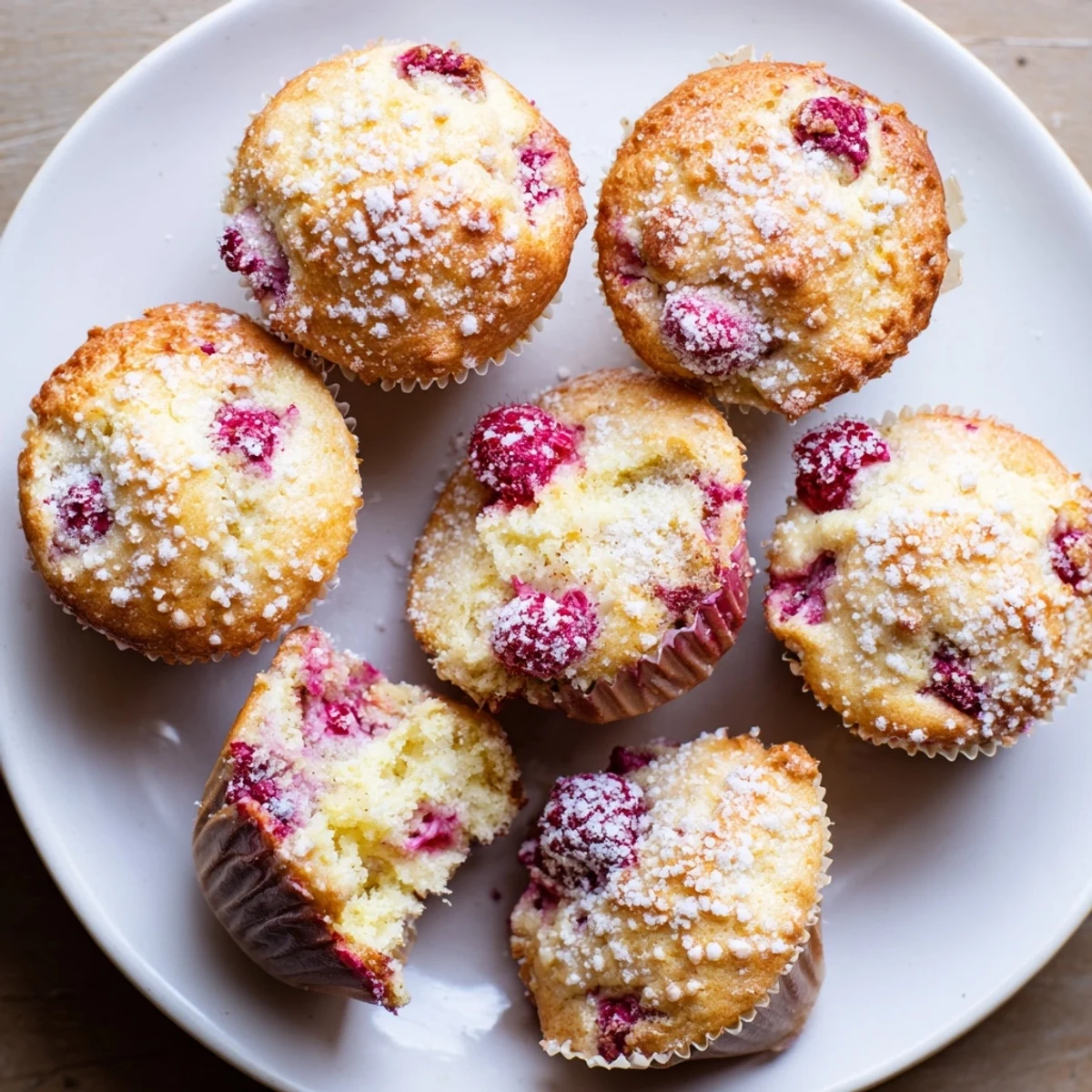 Golden raspberry lemon ricotta muffins topped with coarse sugar on a white wire rack