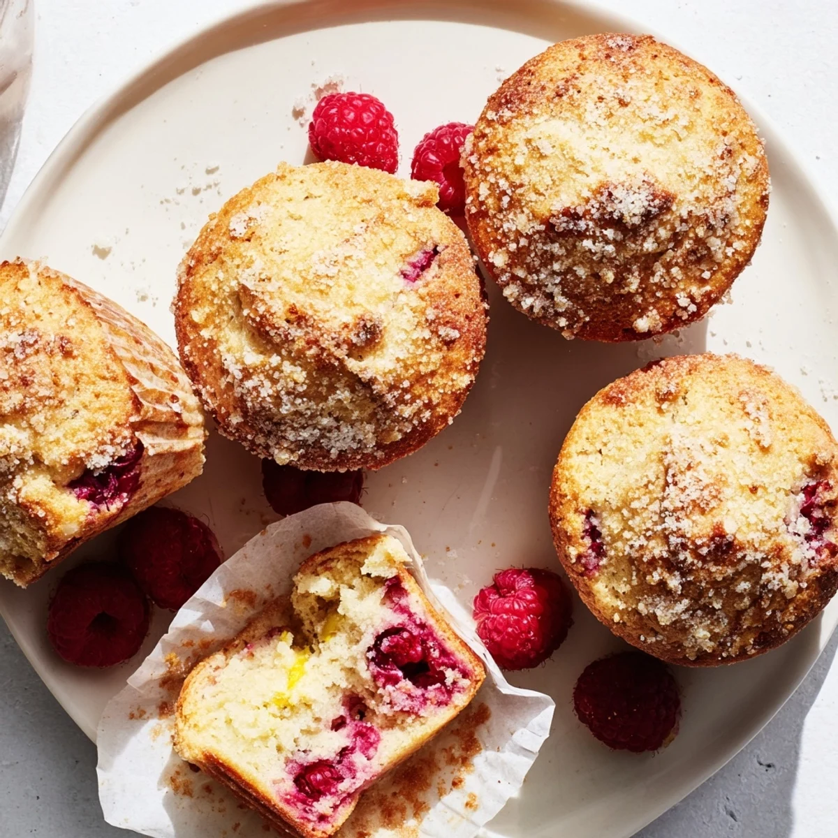 Moist tender raspberry lemon ricotta muffins cooling in a lined muffin tin with paper liners