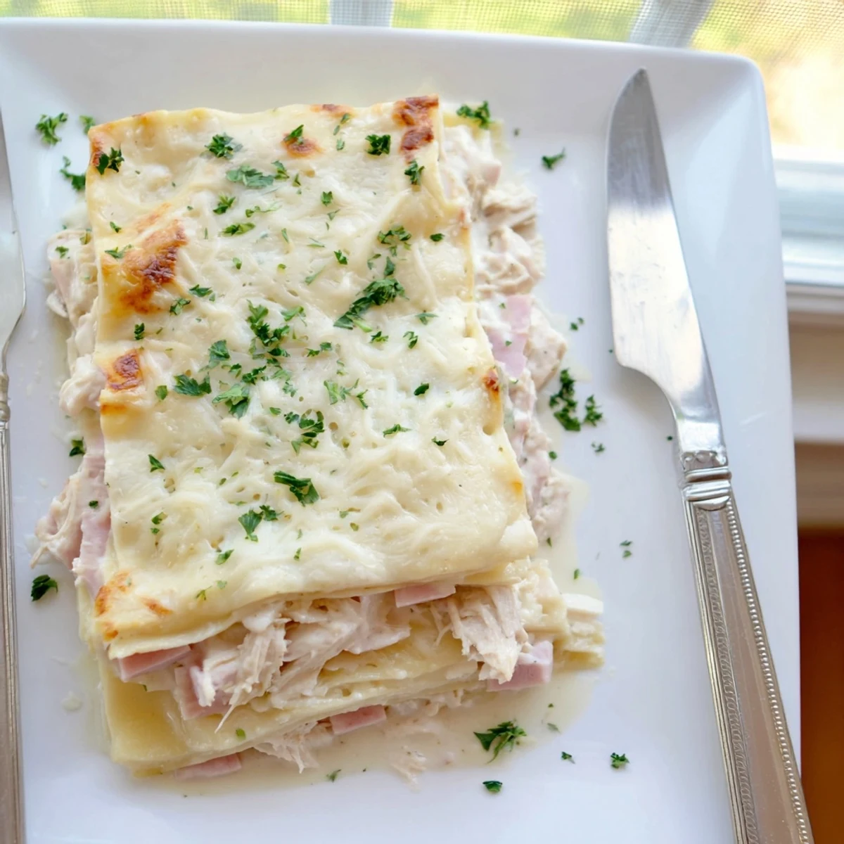 Golden Chicken Cordon Bleu Lasagna layers bubbling with Swiss cheese and ham
