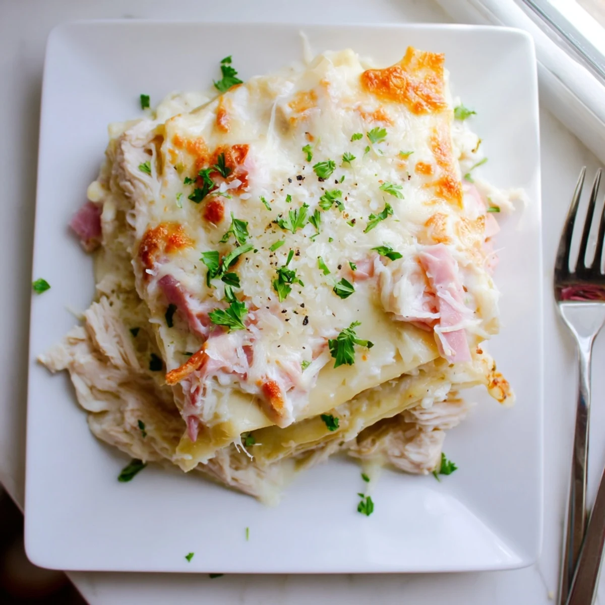 Chicken Cordon Bleu Lasagna casserole fresh from oven with golden brown cheese layers