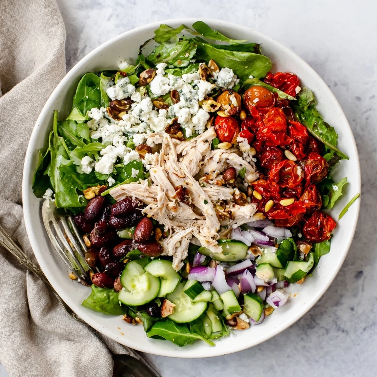 Fresh sun dried tomato chicken salad bowl with tender chicken, tangy tomatoes, and crisp vegetables