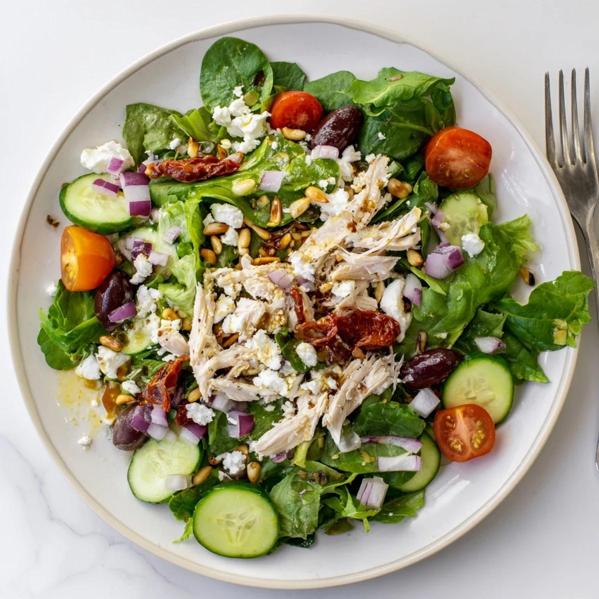 Colorful Mediterranean sun dried tomato chicken salad plated with mixed greens, feta, and balsamic drizzle