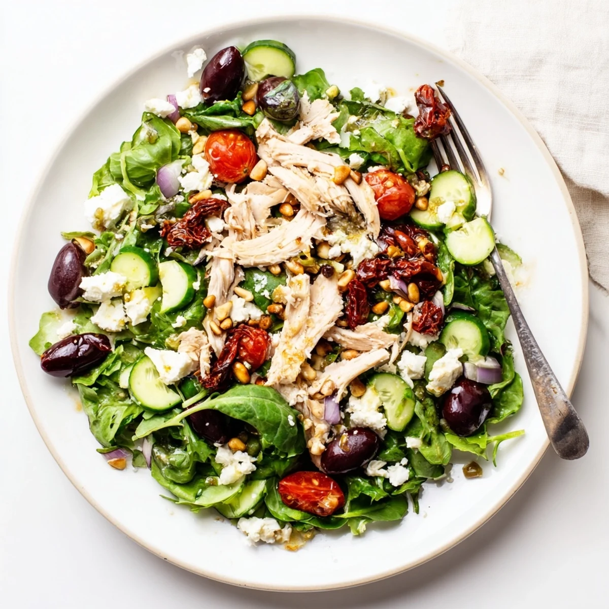Protein-packed sun dried tomato chicken salad featuring shredded chicken, cherry tomatoes, and toasted pine nuts