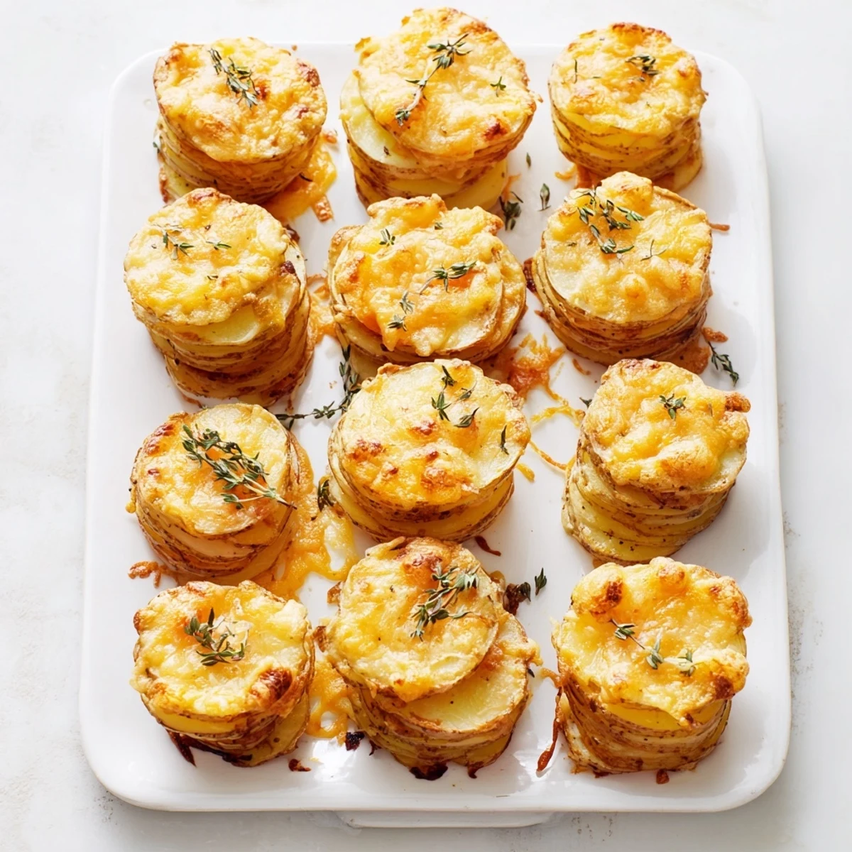 Golden brown cheese scalloped potato stacks with crispy edges and bubbling melted cheese on top
