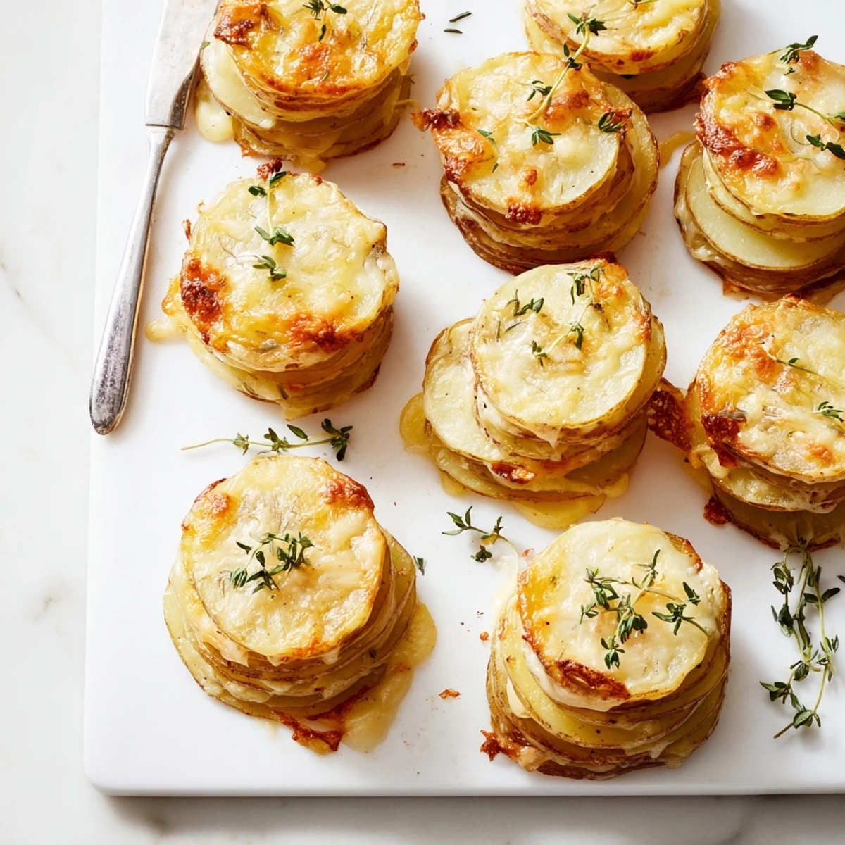 Individual muffin tin scalloped potato stacks layered with sharp cheddar and fresh thyme leaves