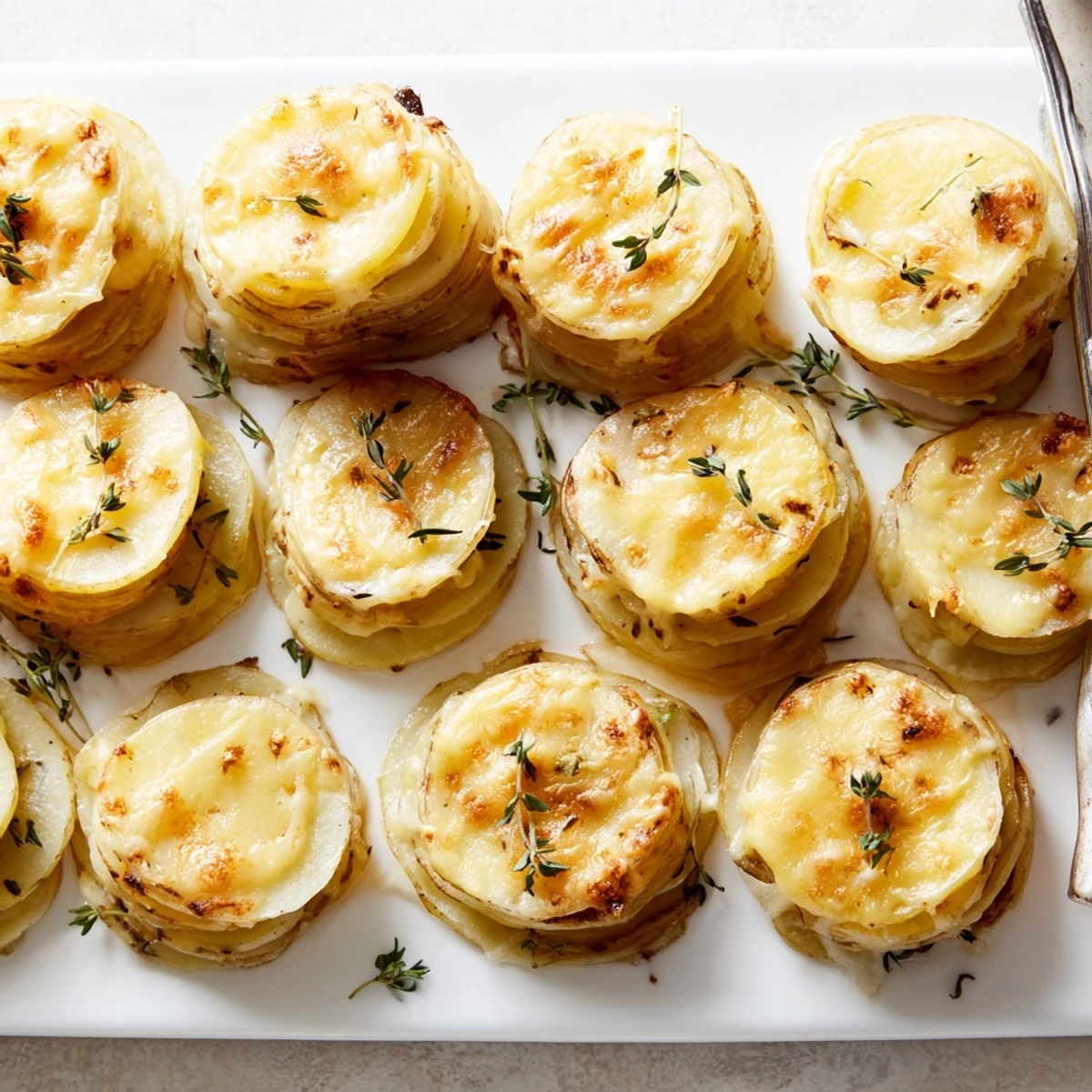 Creamy cheese scalloped potato stacks served on a white plate with tender potato layers visible