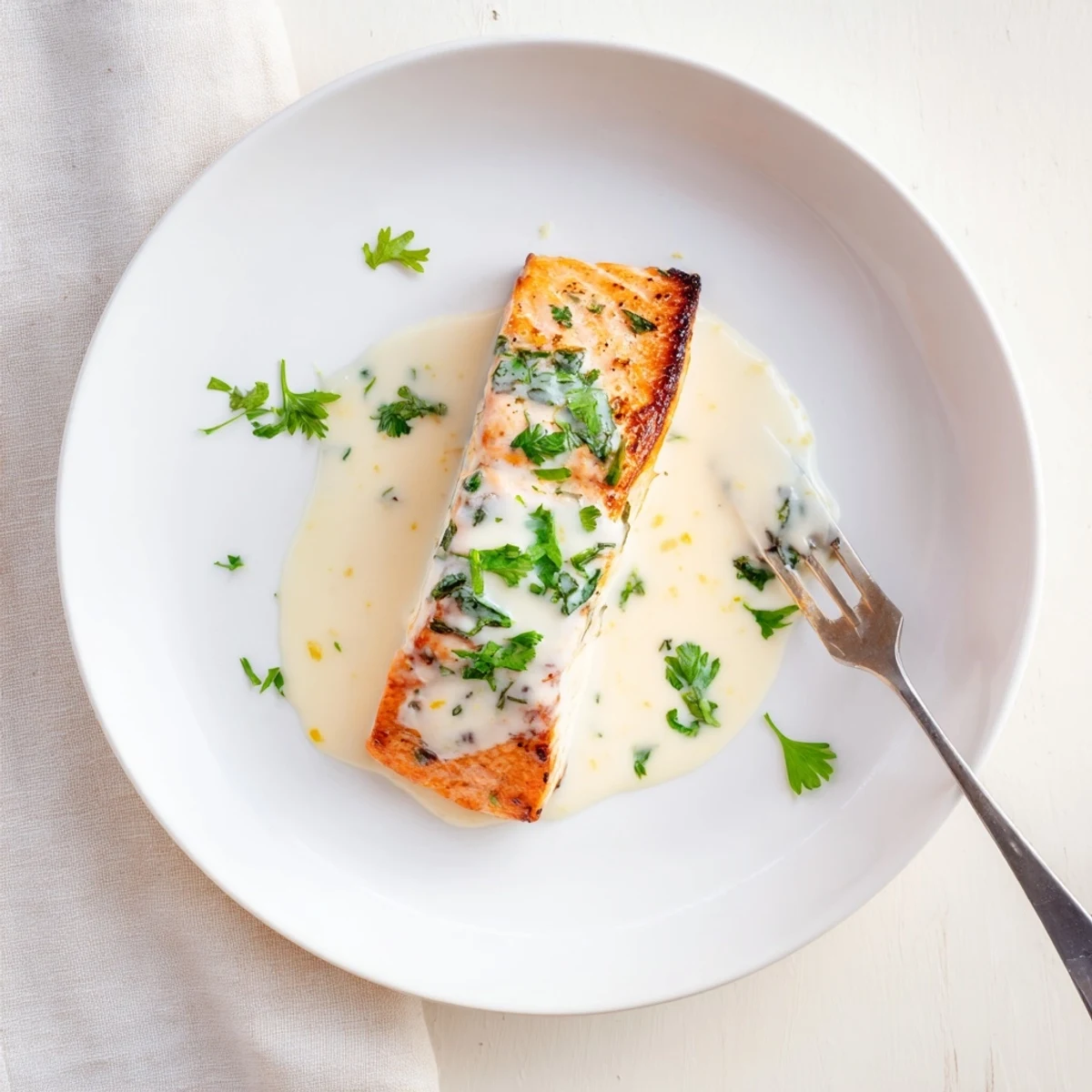 Pan-seared salmon fillets topped with velvety lemon cream sauce and fresh parsley garnish