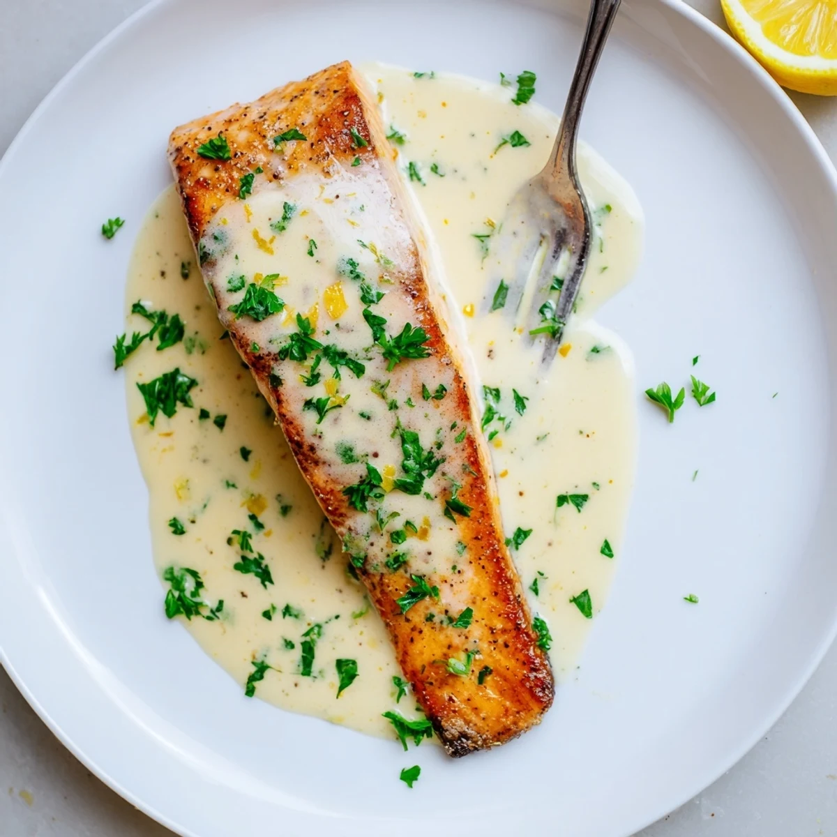 Tender salmon fillets swimming in a rich, tangy lemon cream sauce with herbs