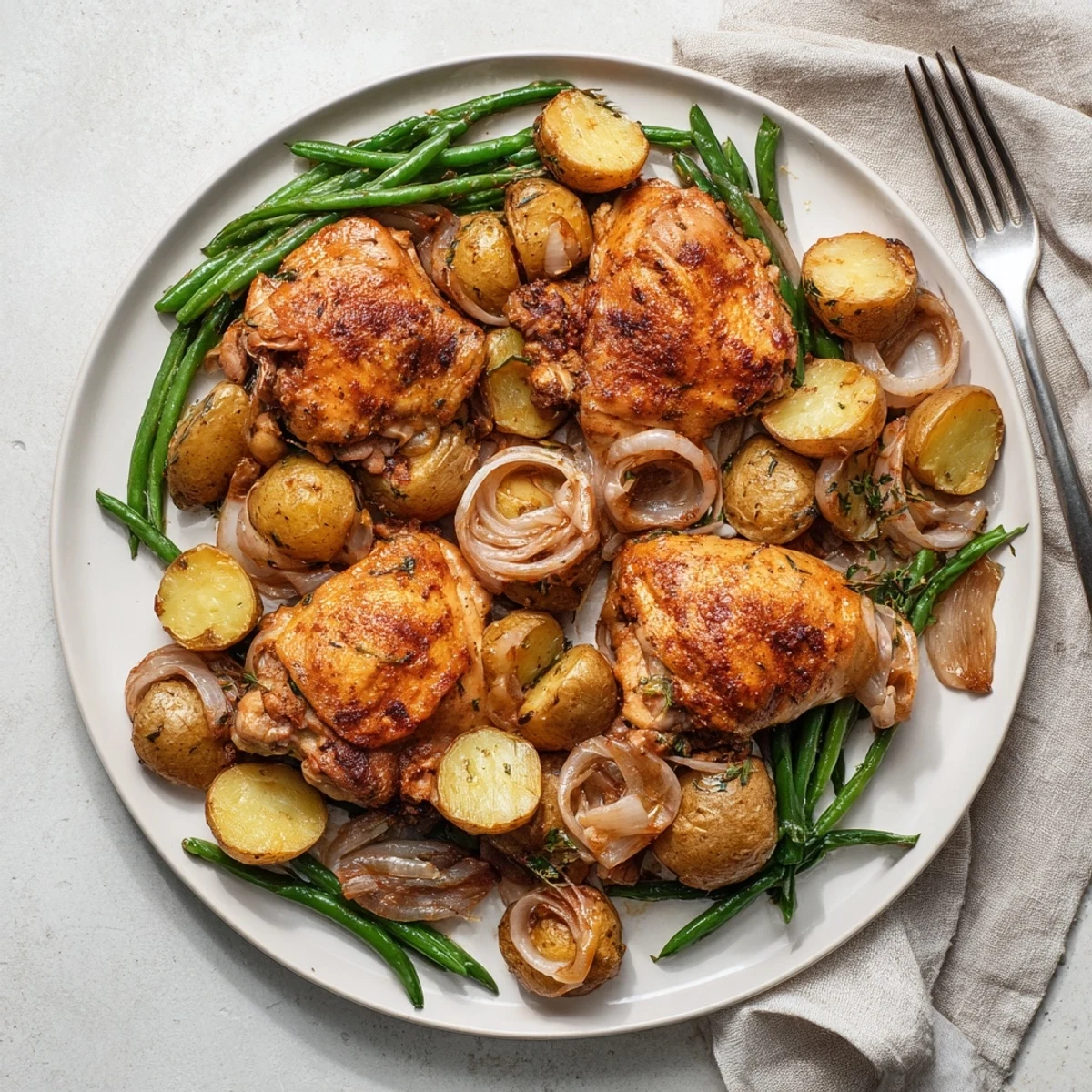 Slow cooker chicken and potatoes with green beans in a rich, savory broth with tender vegetables