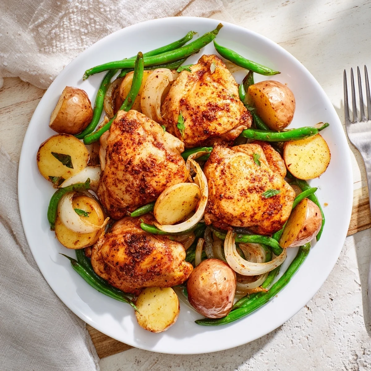 Golden slow cooker chicken thighs nestled with creamy baby potatoes and crisp green beans in herbs