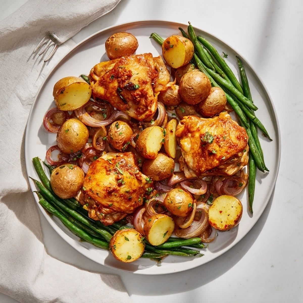 Comforting slow cooker chicken and potatoes dish featuring green beans in a savory lemon-herb sauce