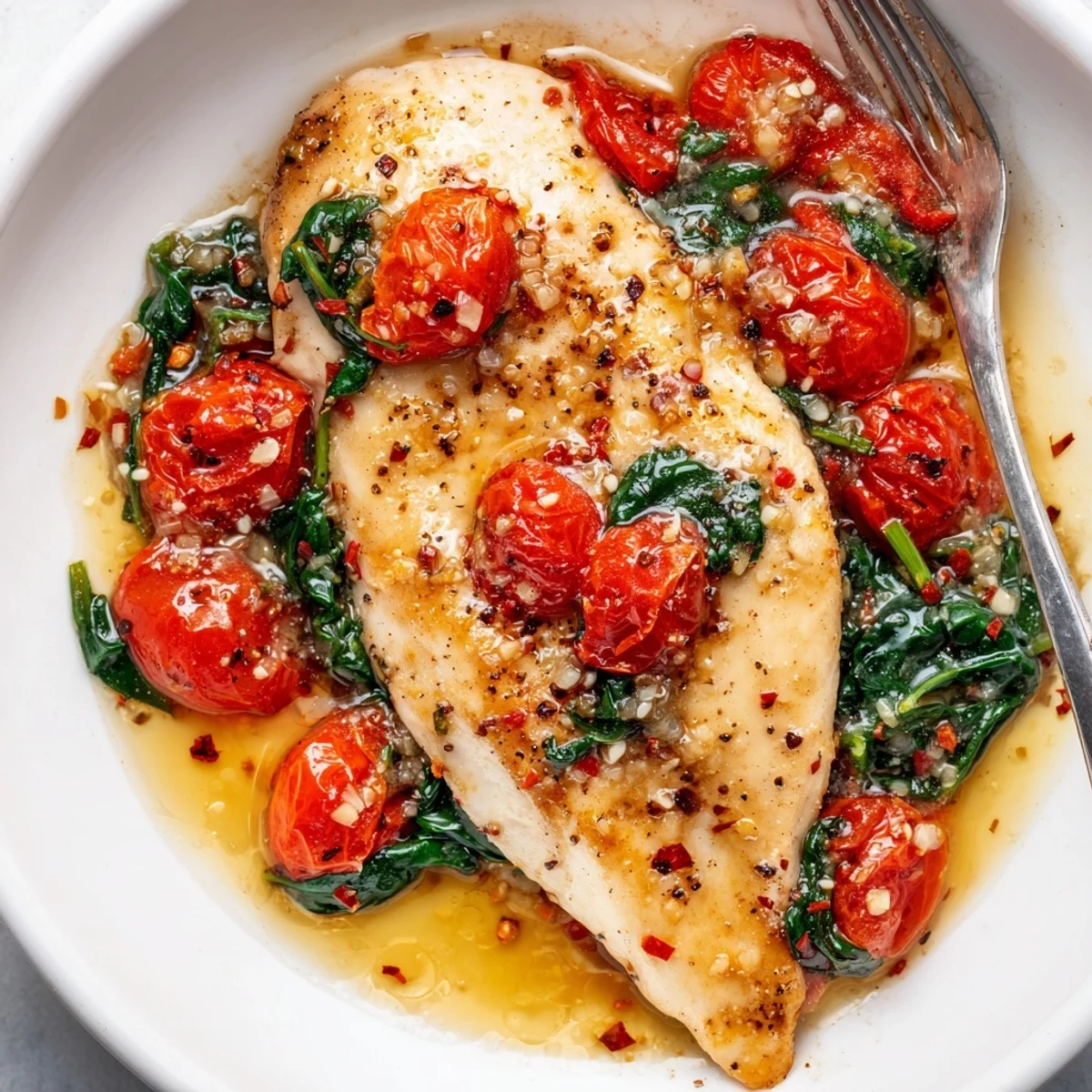 Tomato Spinach White Wine Chicken in skillet, golden seared breasts simmering with tomatoes.