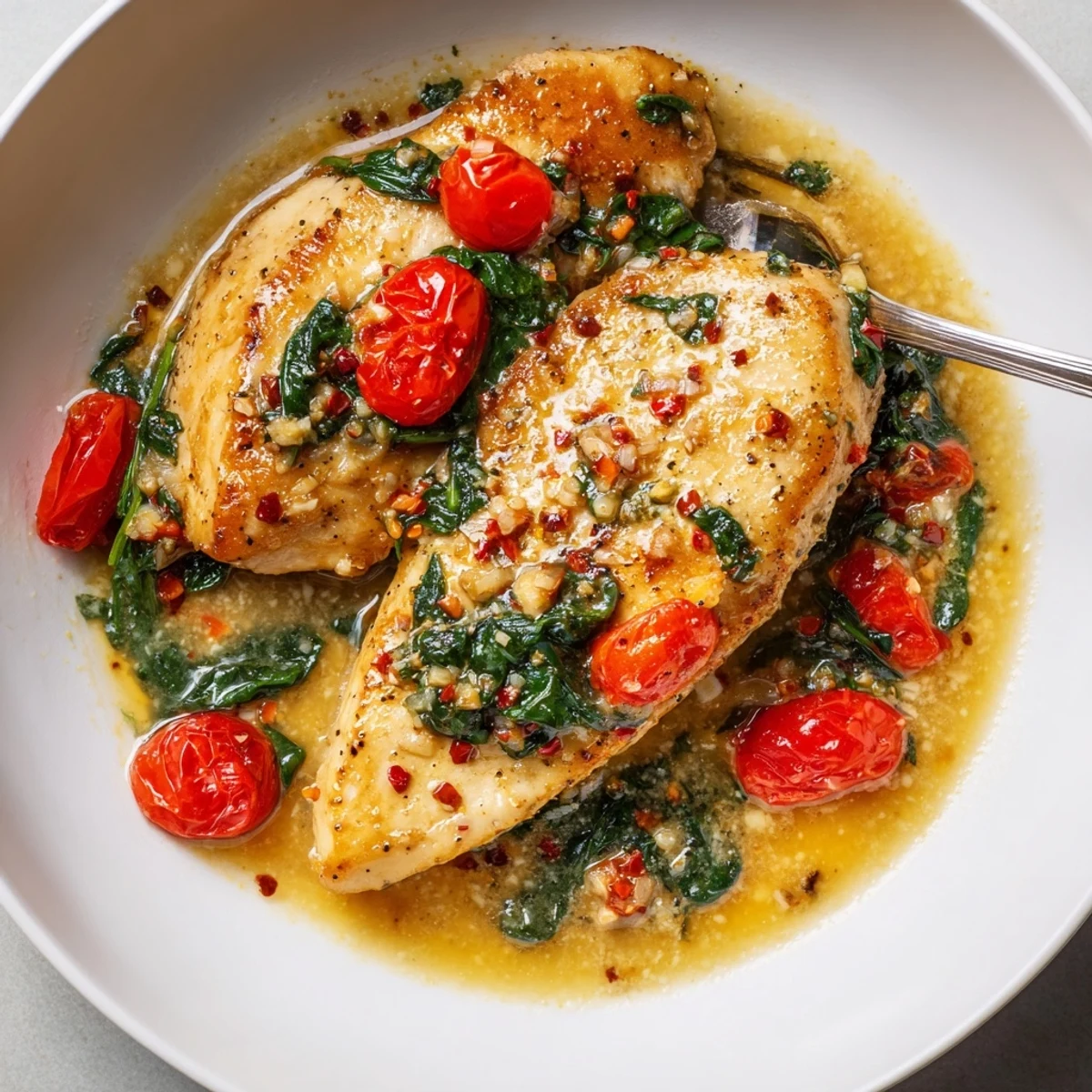 Fragrant Tomato Spinach White Wine Chicken finished with Parmesan, served over pasta.