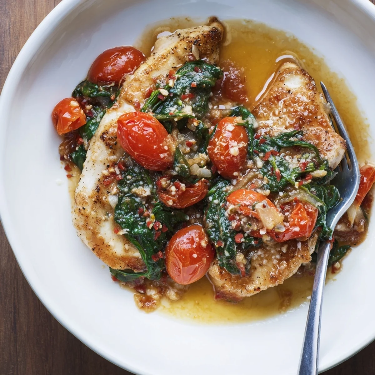 Home-style Tomato Spinach White Wine Chicken steaming on plate, cherry tomatoes bursting.