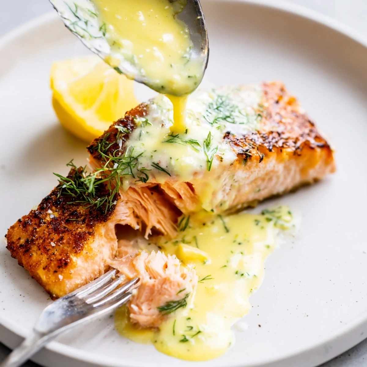 Pan-seared Salmon With Lemon Cream Sauce, glossy sauce spooned over fillets