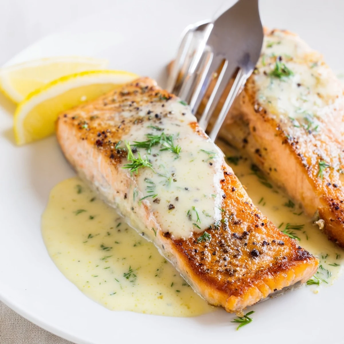 Plated Salmon With Lemon Cream Sauce beside roasted potatoes and lemon wedge