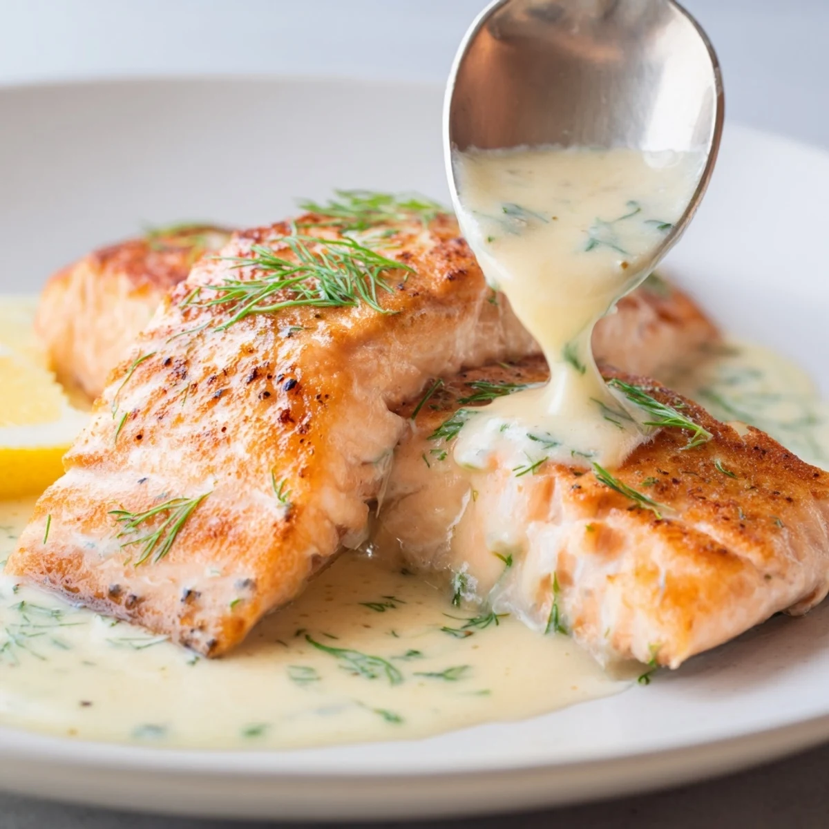 Buttery Salmon With Lemon Cream Sauce, fragrant garlic and fresh dill garnish
