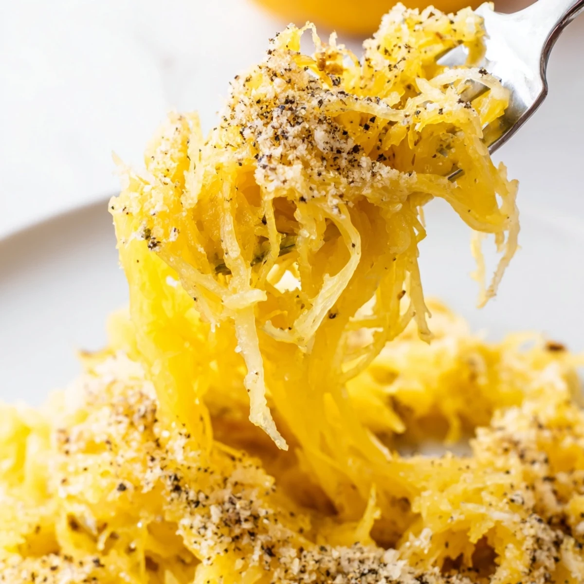 Spaghetti Squash Mac Cheese in a casserole dish, golden broiled breadcrumb topping.  