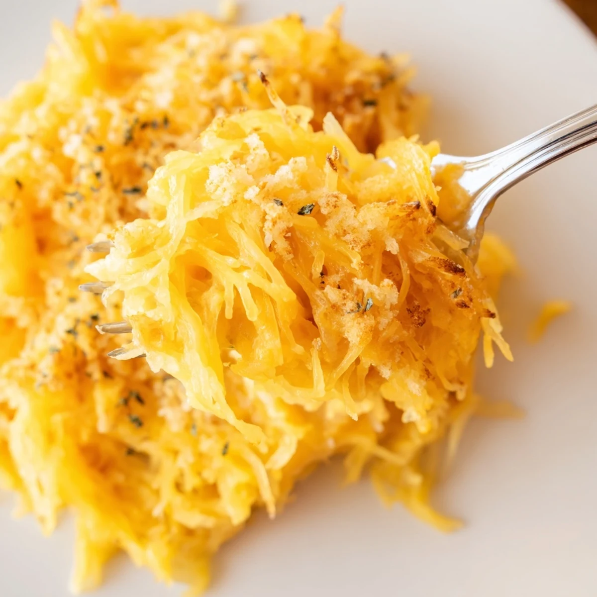 Baked Spaghetti Squash Mac Cheese served warm, sprinkled with fresh parsley.