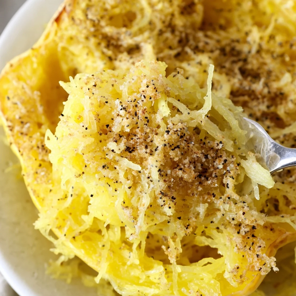 Creamy Spaghetti Squash Mac Cheese strands tossed with sharp cheddar, steaming.  