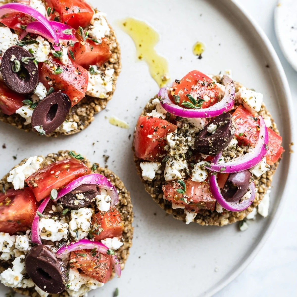 Golden crispy Cretan feta rusks topped with juicy tomatoes, briny olives, and fragrant oregano