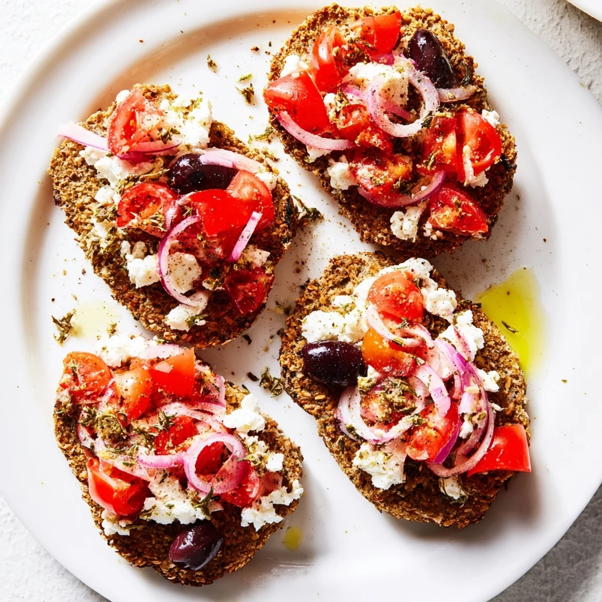 Rustic crispy Cretan feta rusks arranged on a platter with vibrant red onion and fresh herbs