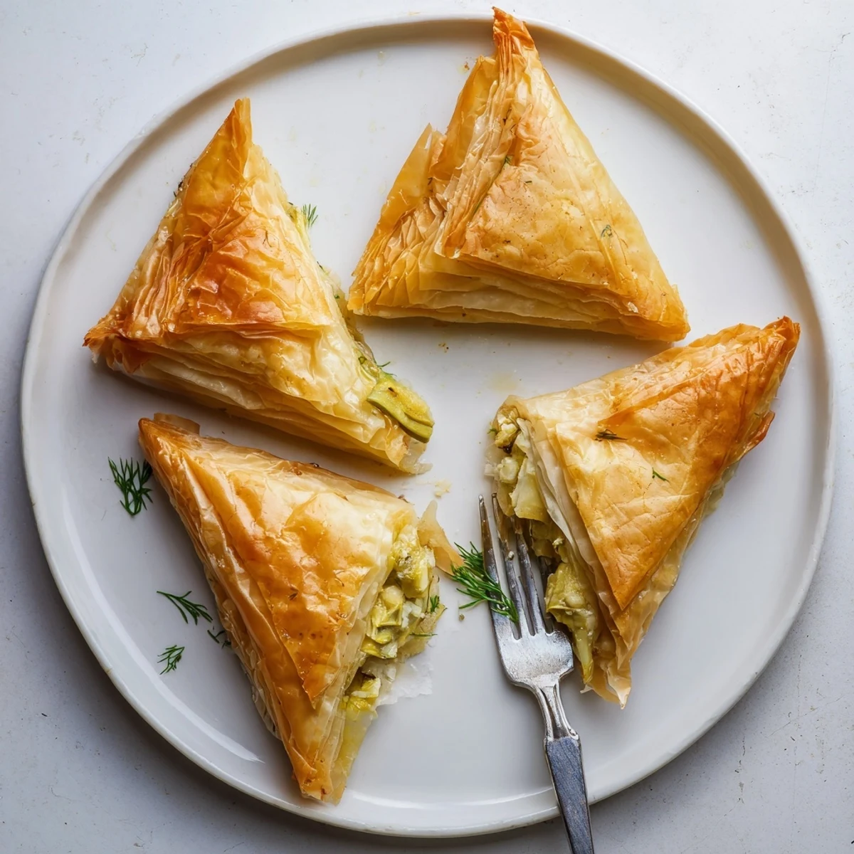Close-up of Artichoke and Graviera Filo Puffs revealing melted cheese and tender artichoke filling