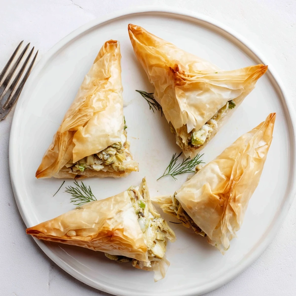 Crispy Artichoke and Graviera Filo Puffs arranged on a platter with fresh herb garnish