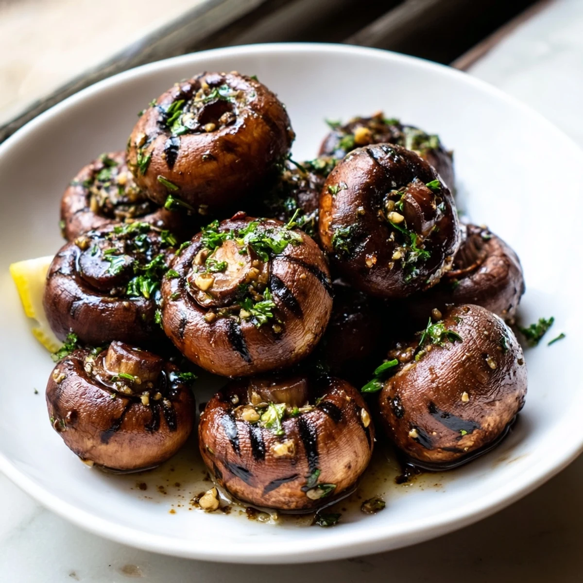 Golden sautéed grilled garlic mushrooms glistening with butter and fresh parsley in a cast iron skillet