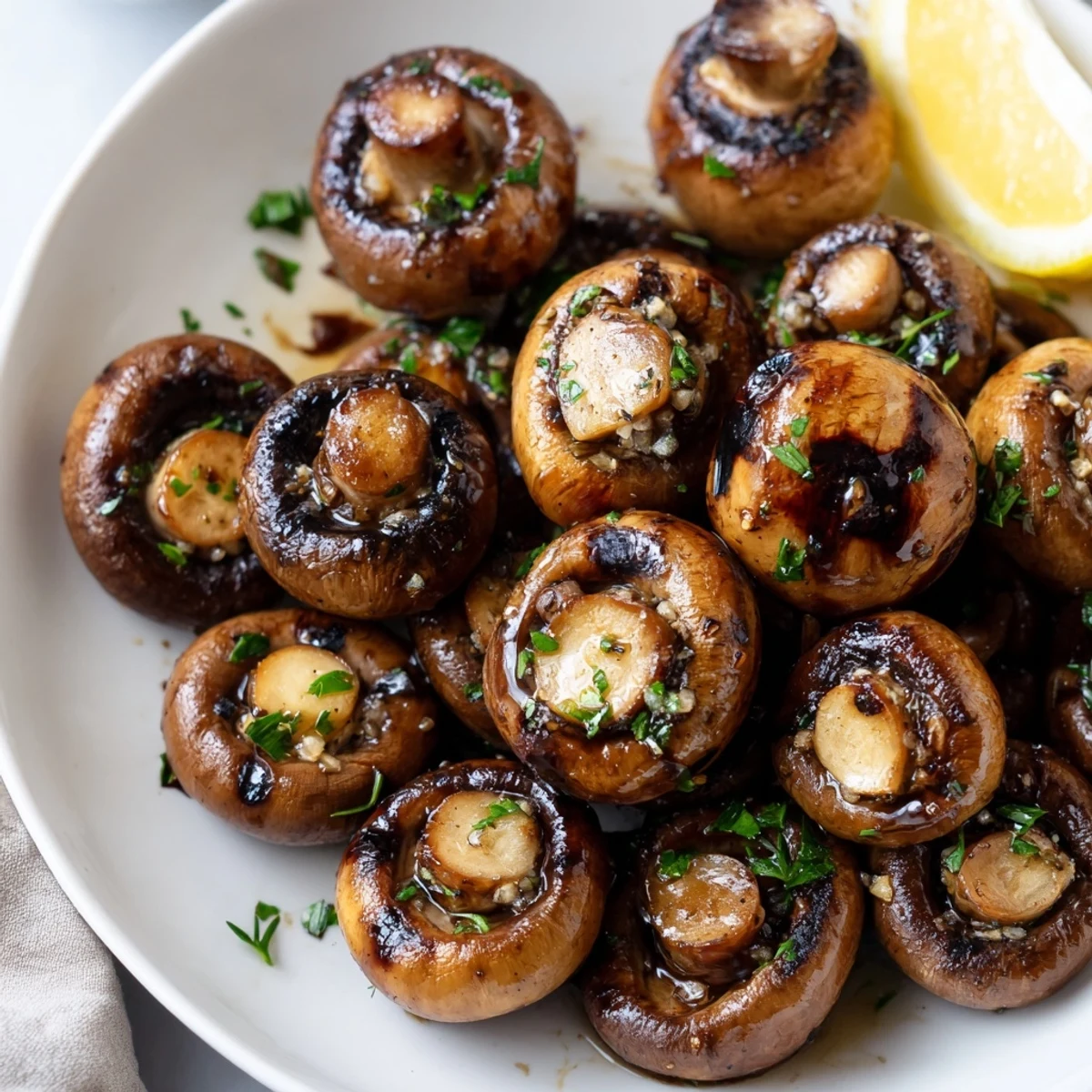 Smoky grilled garlic mushrooms with charred edges tossed in herb butter and sprinkled with chopped parsley