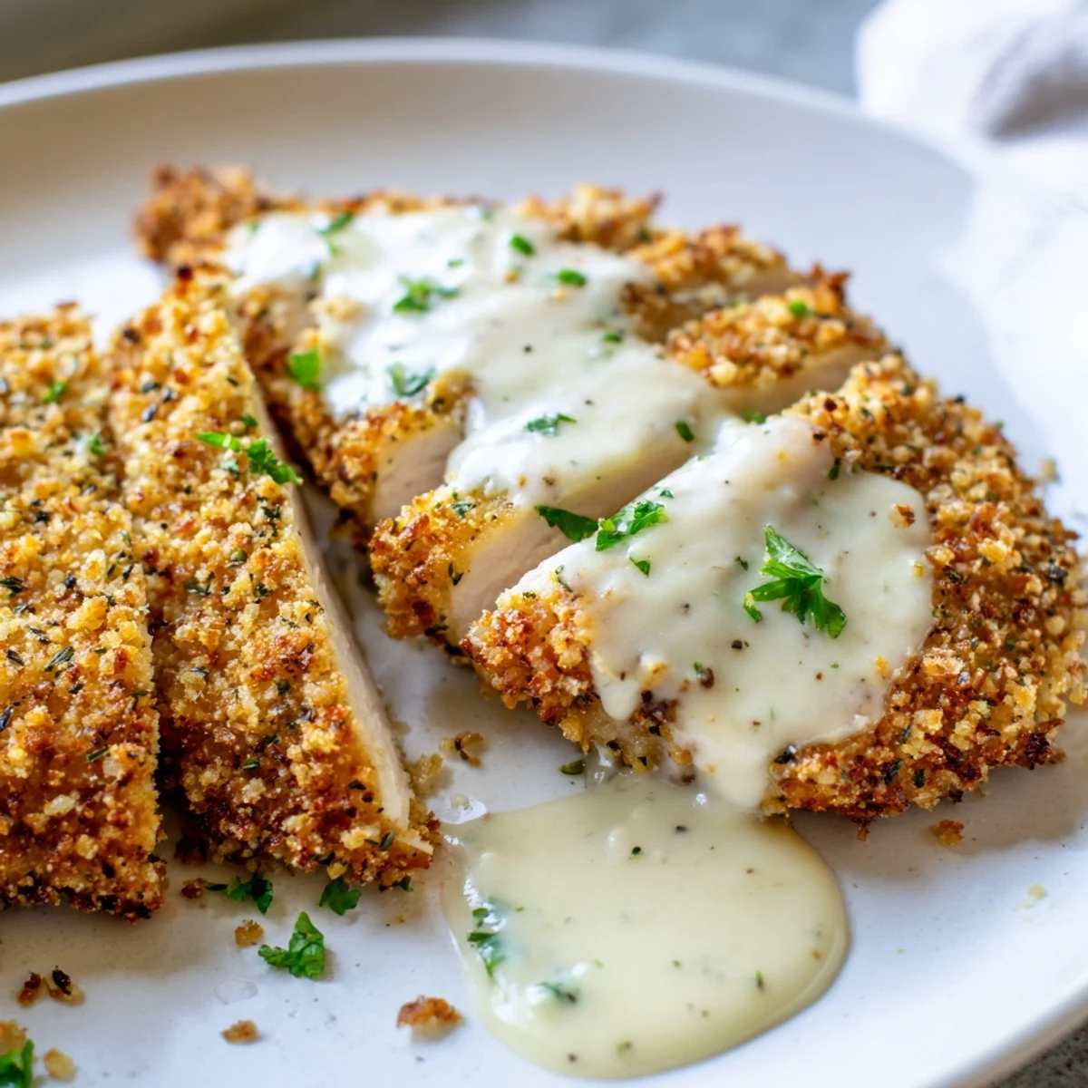 Golden crispy Parmesan chicken resting on a white plate with creamy garlic sauce