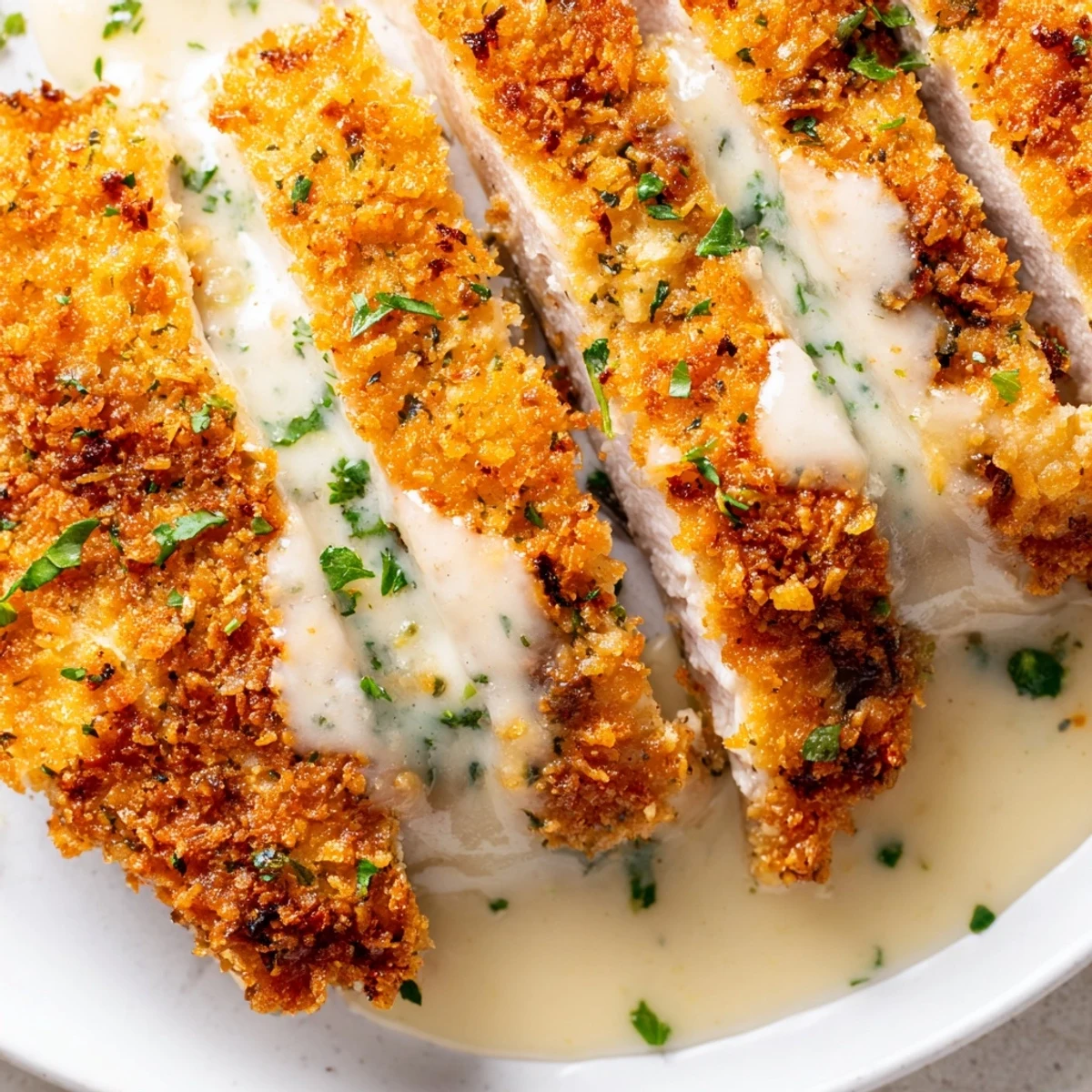 Crispy Parmesan chicken sliced open revealing juicy meat draped in garlic sauce