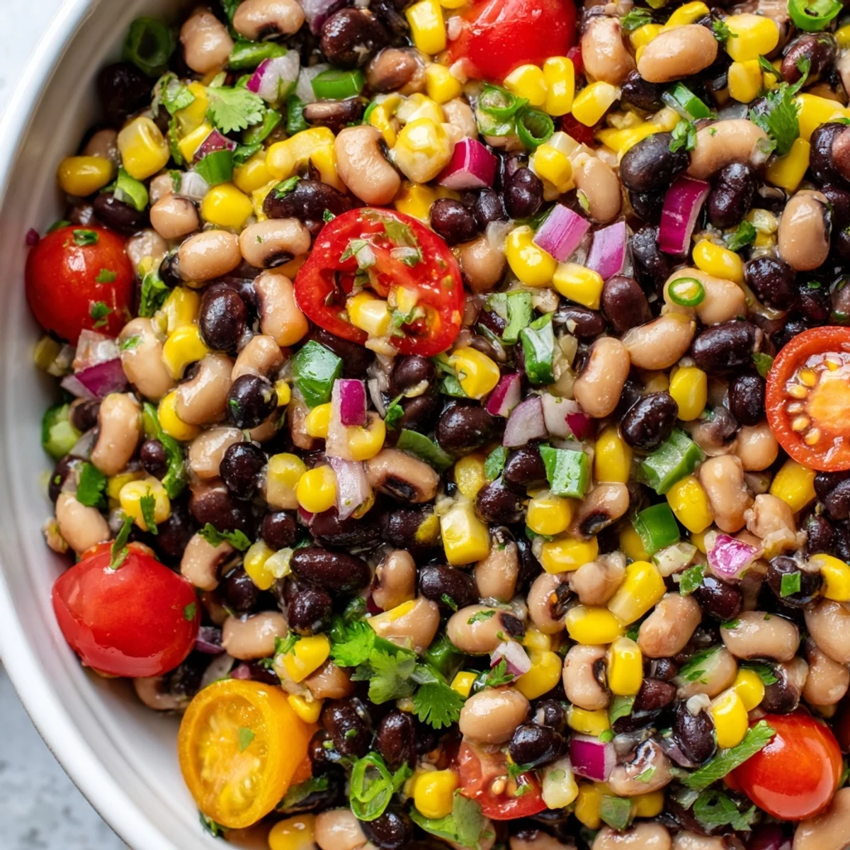 Vibrant cowboy caviar recipe featuring black-eyed peas, corn, and a tangy vinaigrette