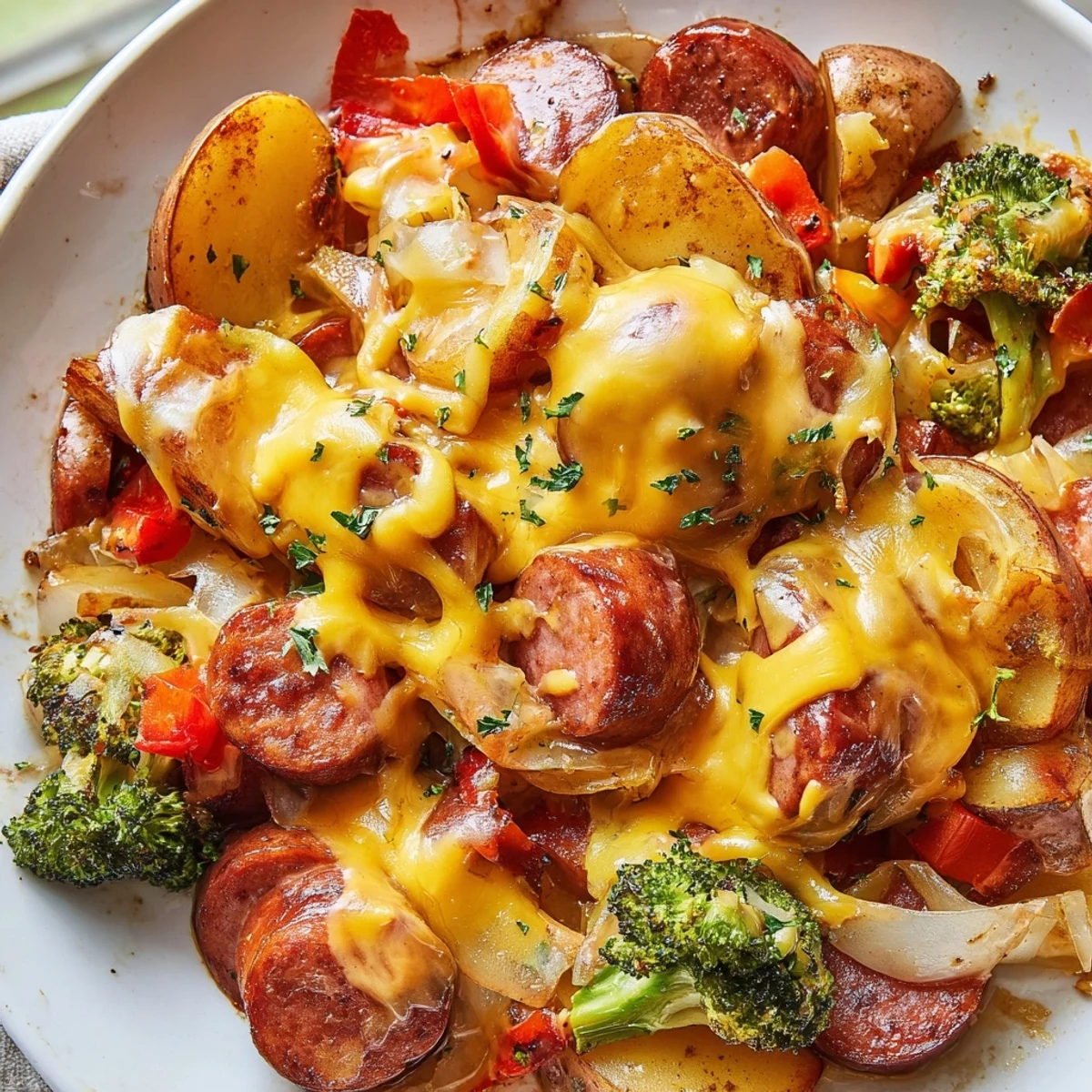 Cheesy Kielbasa Skillet with golden potatoes, smoky sausage, and bubbling cheddar cheese