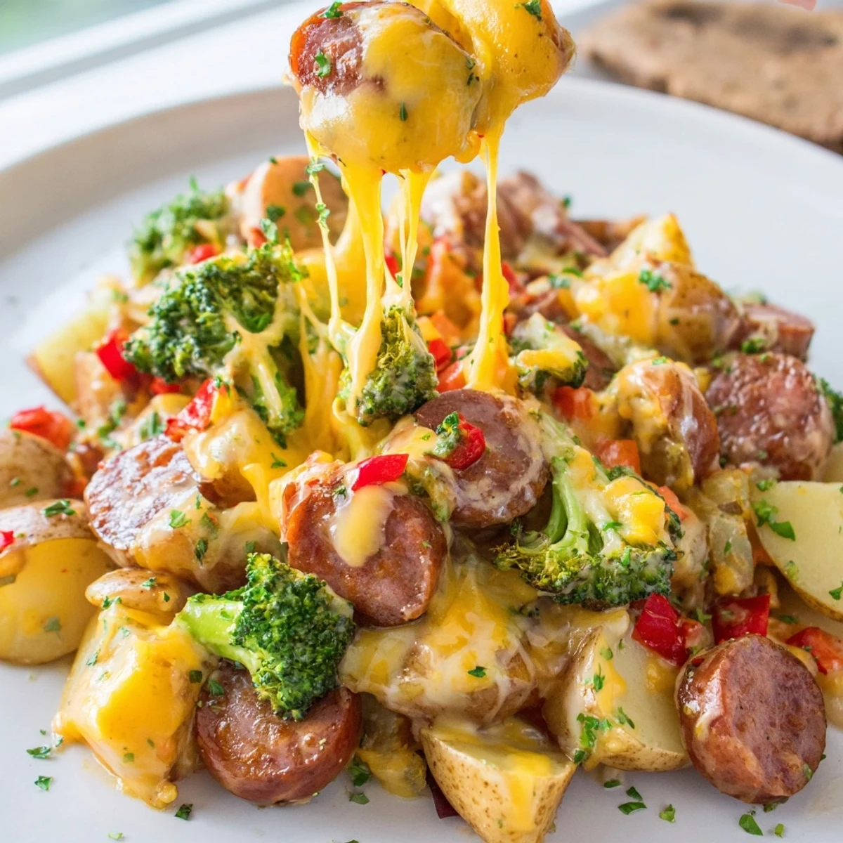 Steaming Cheesy Kielbasa Skillet topped with melted cheddar and fresh parsley garnish