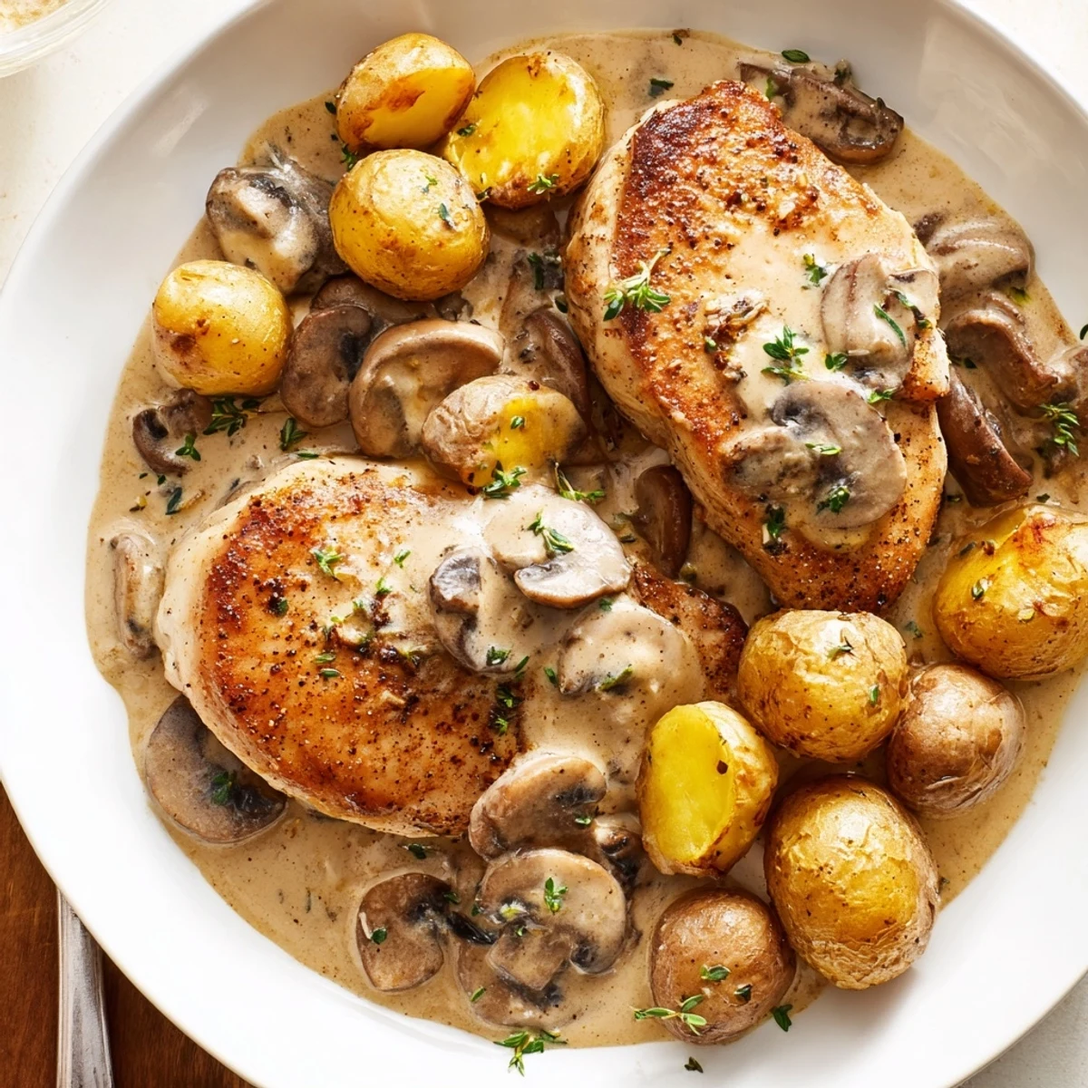 Creamy mushroom chicken with golden seared breasts in a velvety herb sauce alongside crispy roasted potatoes