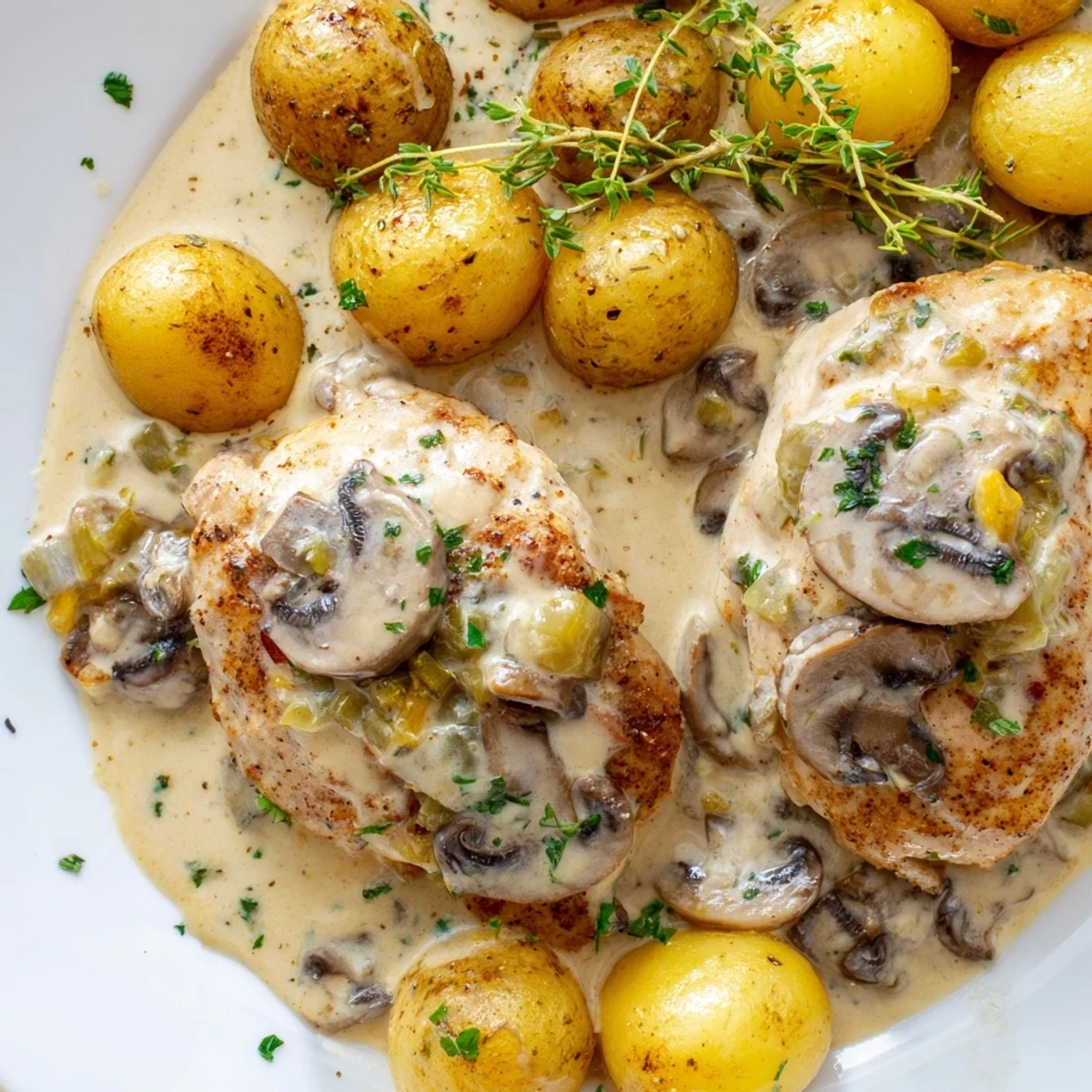 Juicy creamy mushroom chicken smothered in a rich garlic cream sauce with crispy golden herb potatoes
