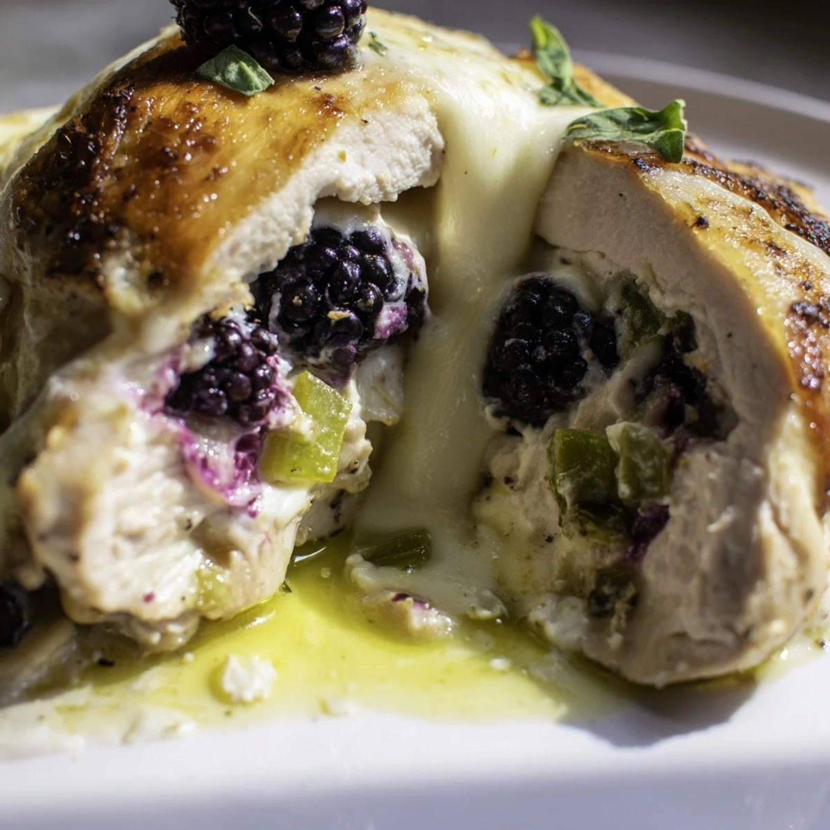 Golden baked Melty Blackberry Jalapeno Stuffed Chicken with bubbly mozzarella on top