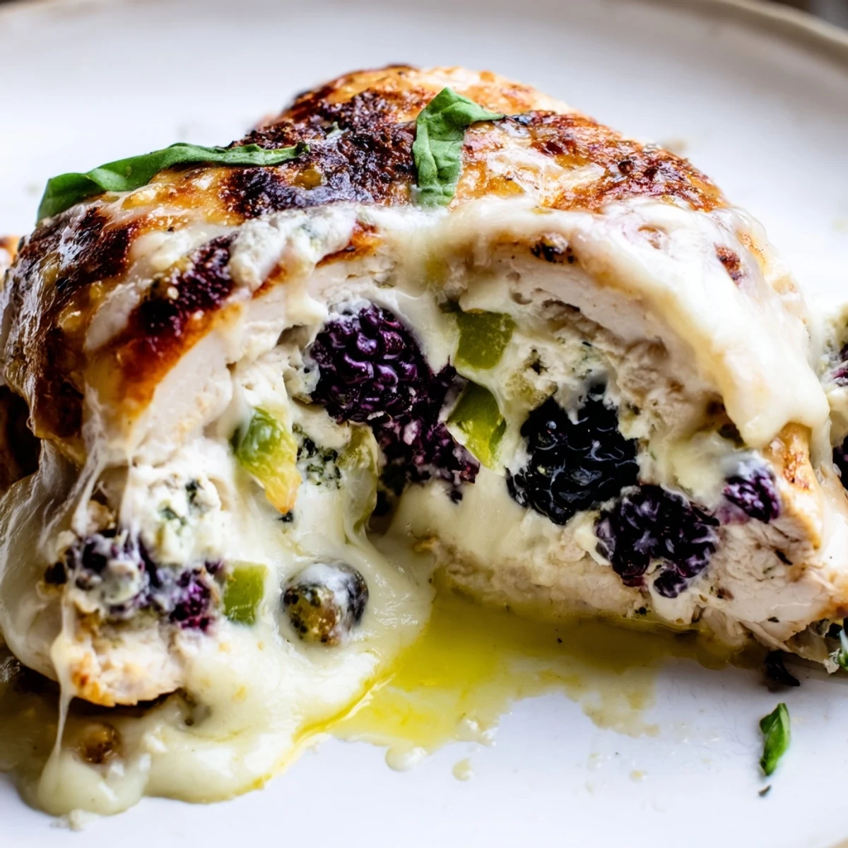 Melty Blackberry Jalapeno Stuffed Chicken sliced open revealing creamy purple goat cheese filling