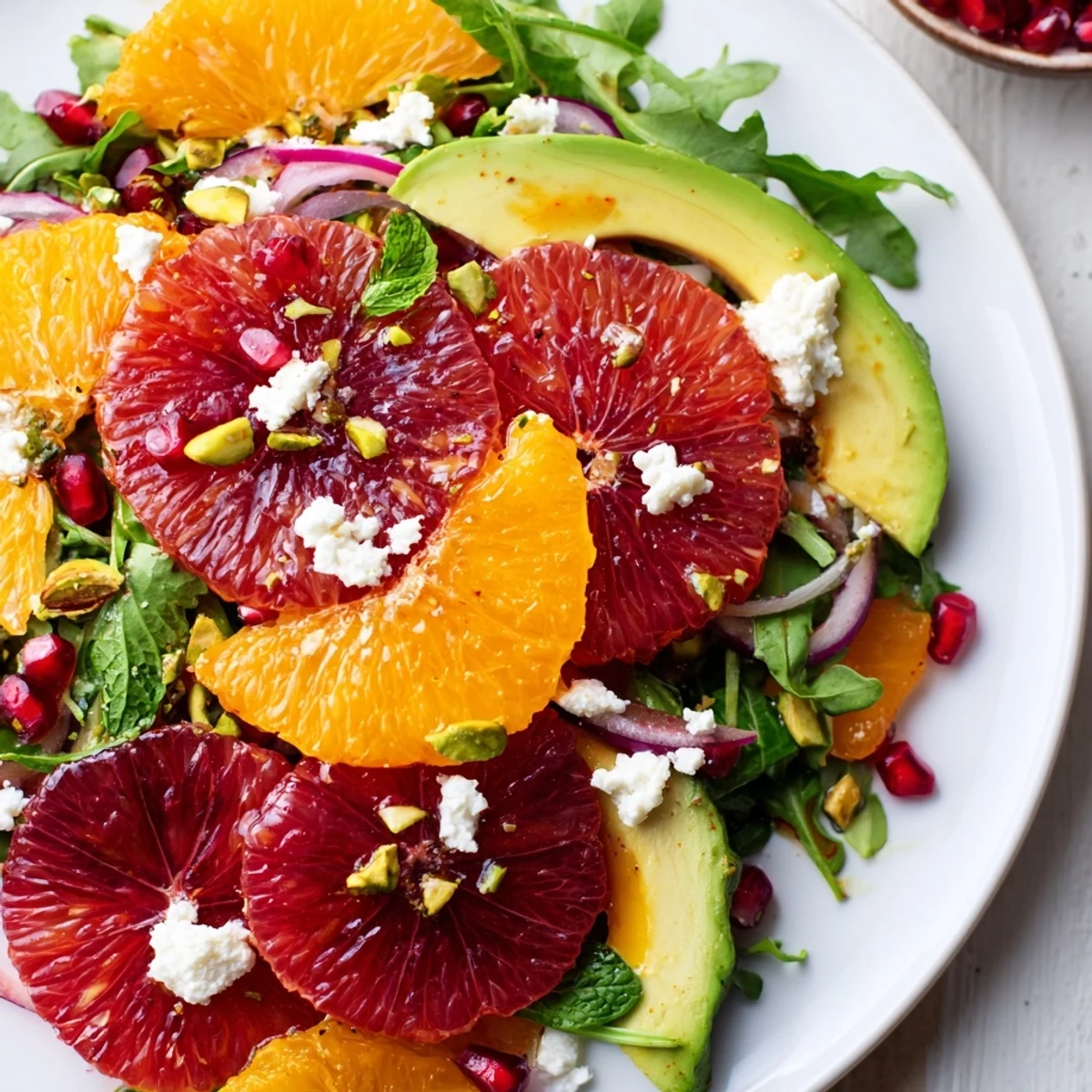 Bright citrus salad with pomegranate seeds, avocado slices, and crumbled feta on a platter