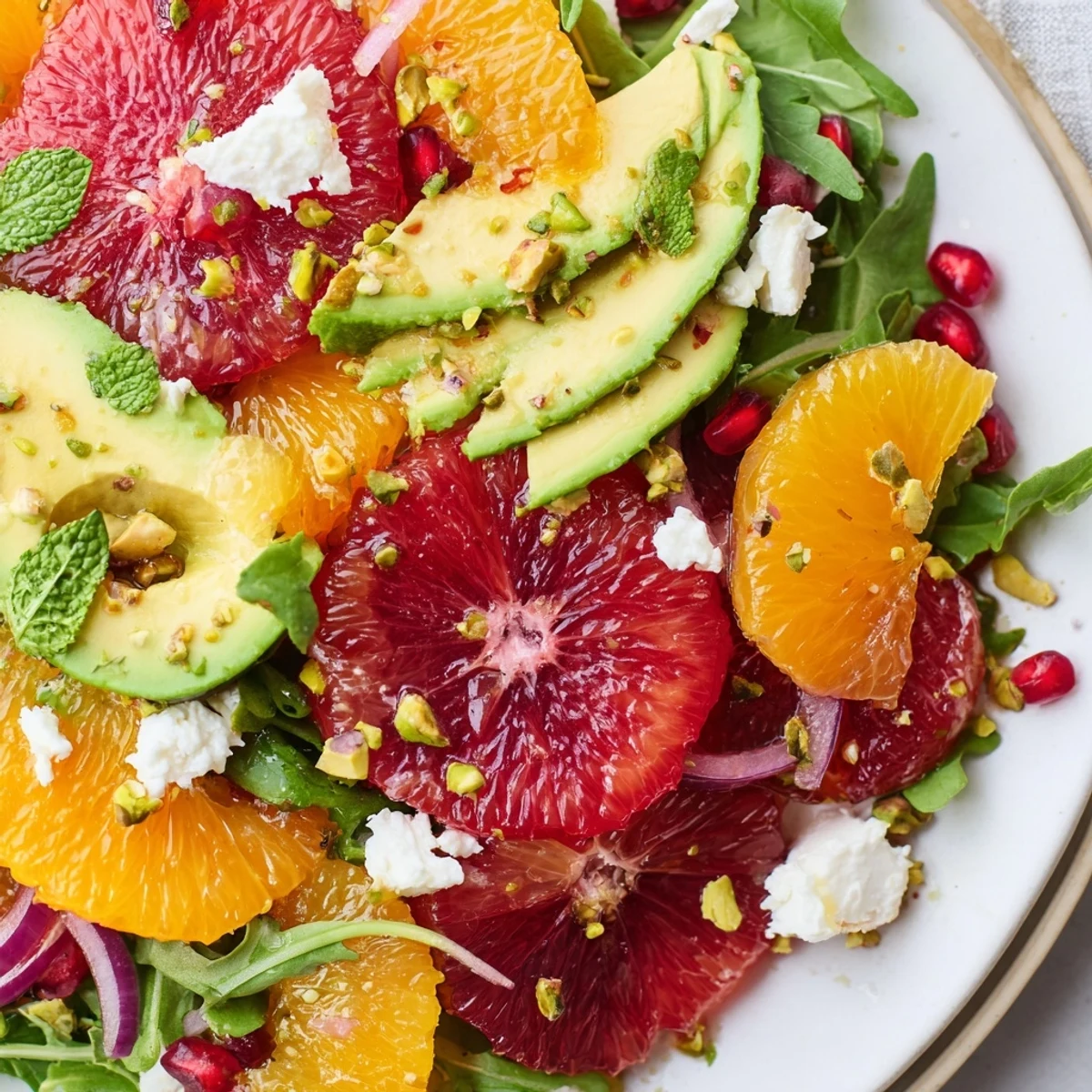 Vibrant citrus salad topped with ruby pomegranate jewels, creamy avocado, and tangy feta