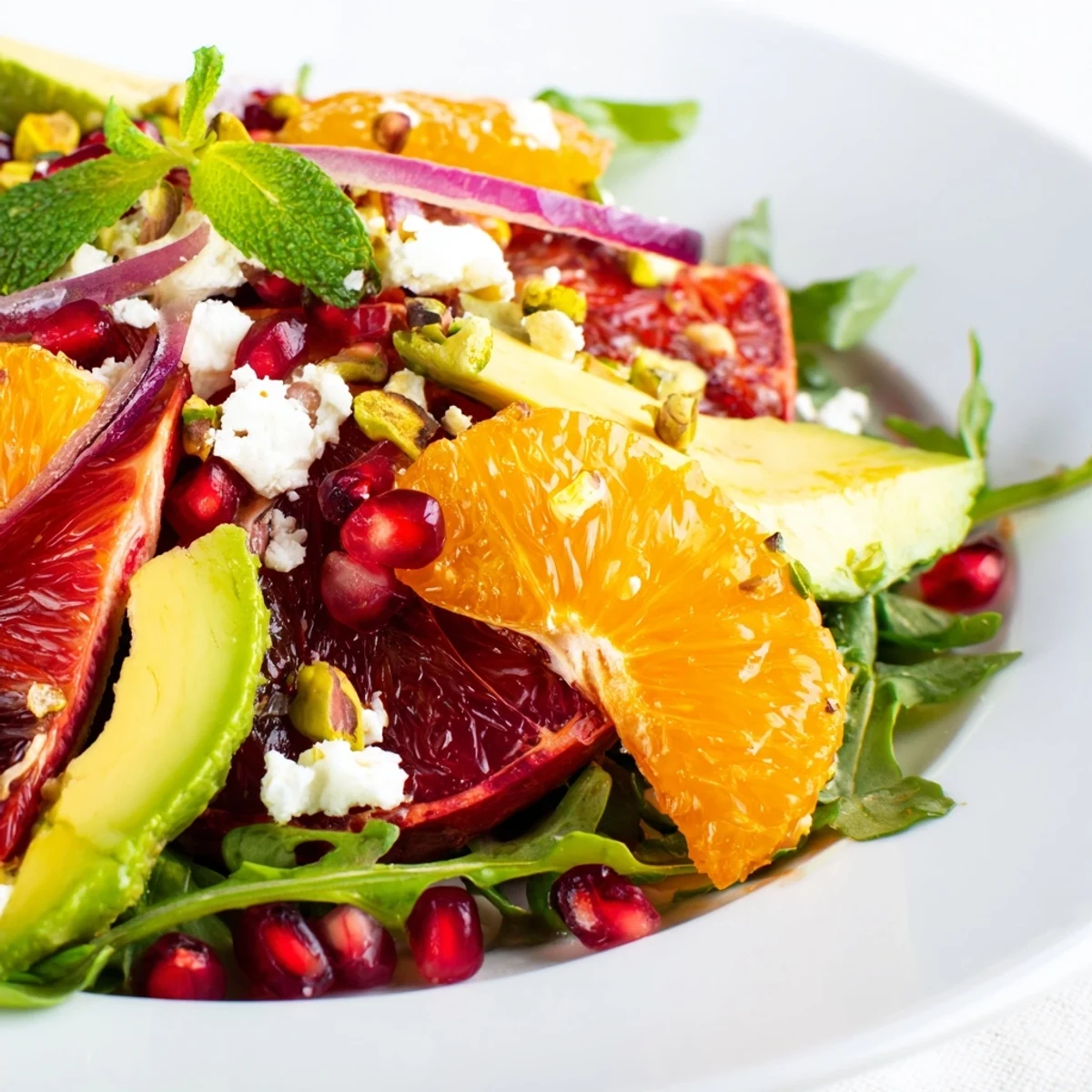 Fresh citrus salad layered over mixed greens with pomegranate arils and crumbled feta