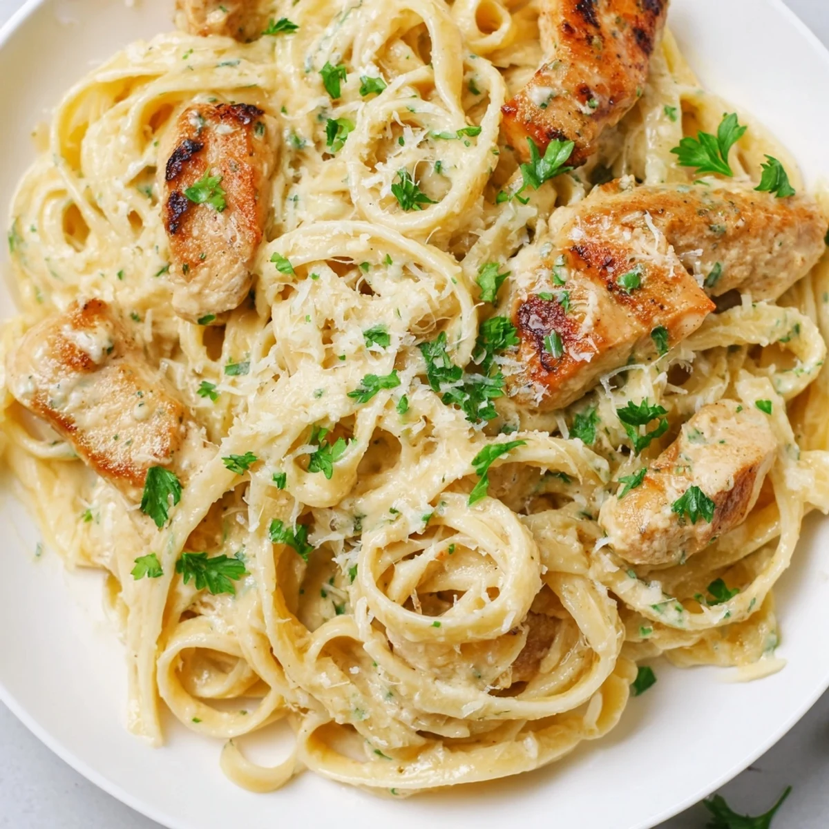 Creamy Garlic Parmesan Chicken Pasta topped with fresh parsley and extra Parmesan shavings