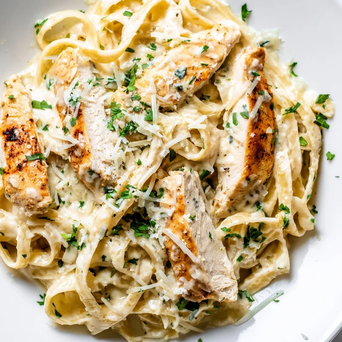Golden seared chicken strips nestled in Creamy Garlic Parmesan Chicken Pasta with velvety sauce