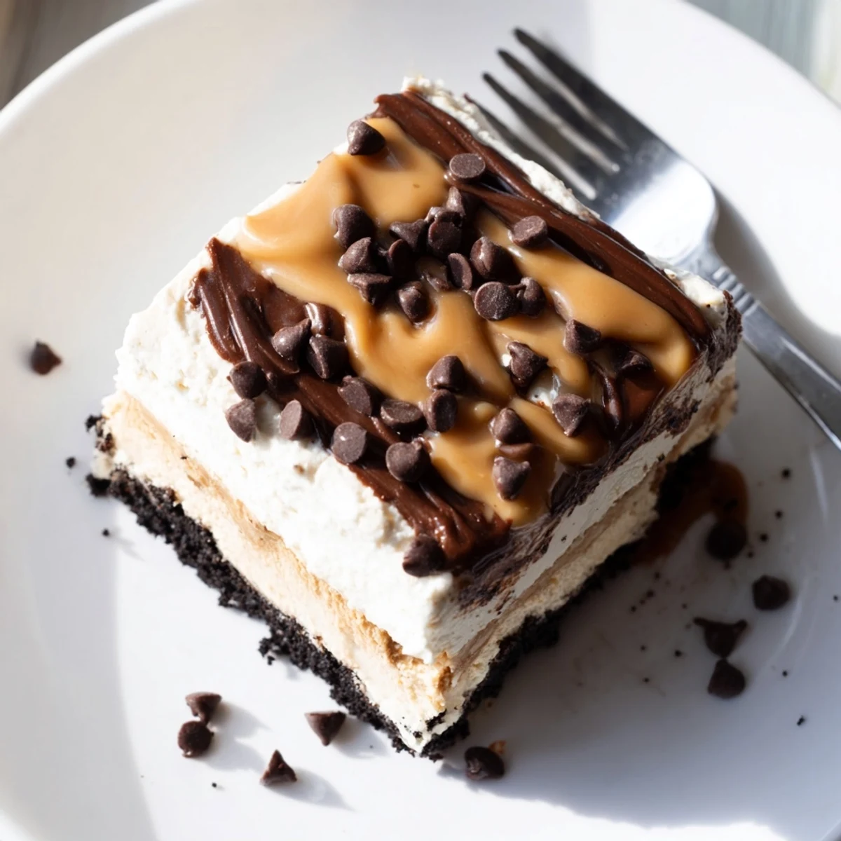 Creamy Peanut Butter Layered Delight with chocolate pudding and whipped topping slices