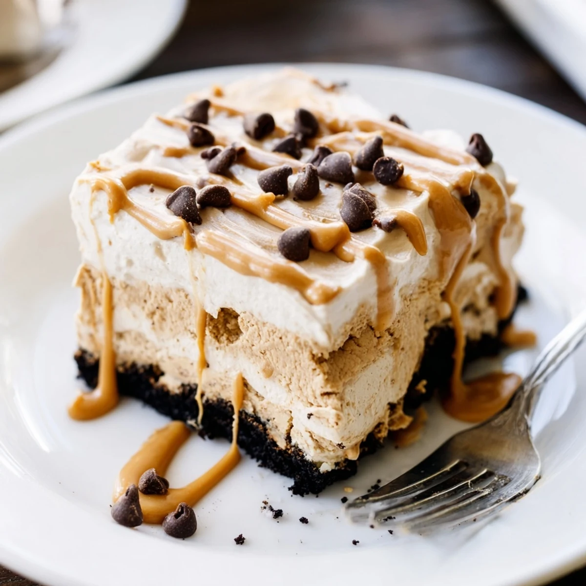 Chilled Peanut Butter Layered Delight topped with a golden peanut butter drizzle