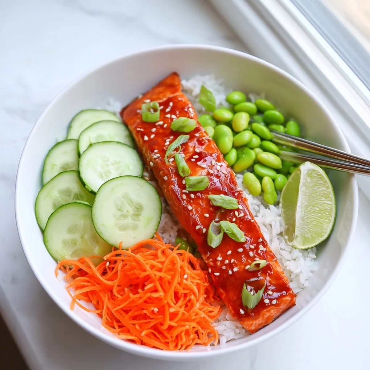Caramelized sriracha honey glazed salmon bowl topped with sesame seeds and fresh cilantro