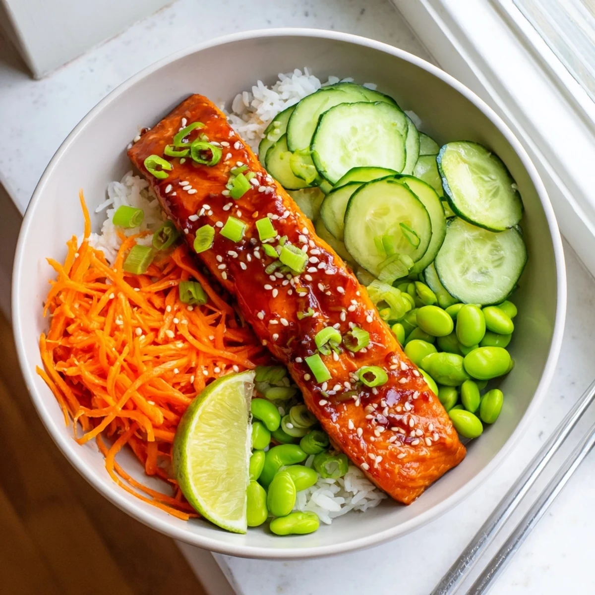Spicy sriracha honey glazed salmon served over rice with crisp cucumber and edamame